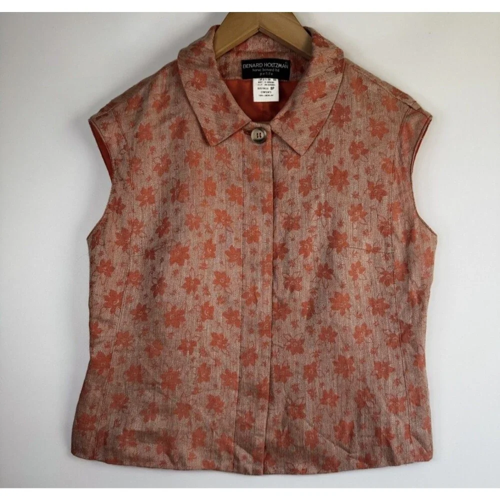Benard Holtzman Shirt Pants Set Womens 8P Orange Floral Linen Petite‎ Lined Suit